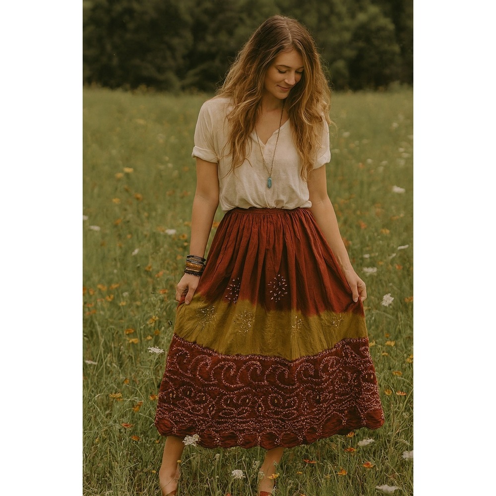 Newport News Boho Maxi Skirt Embroidered Festival Tie Dye Renaissance Hippie